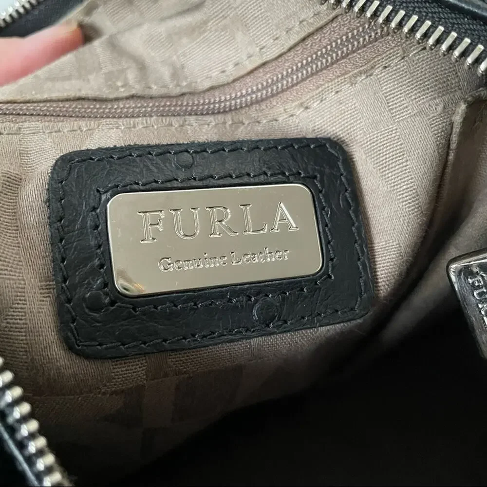 Furla Soho Hobo Bag Leather Shoulder Top Handle Ostrich Embossed $398 Black EUC